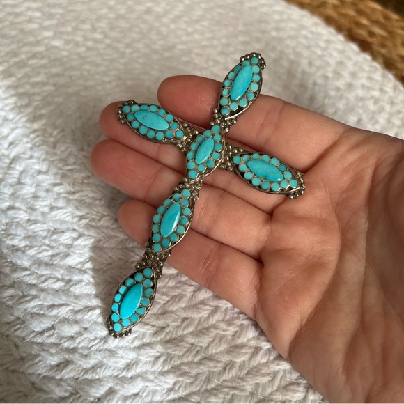 Vintage Jewelry - Large N Dishta Zuni Turquoise Cross Pendant Sterling Silver Inlay Navajo NM Vtg